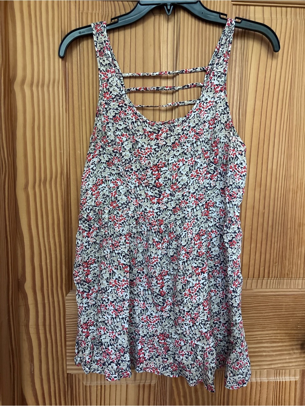 Cream Floral Strappy-Back Blouse with Red Accents